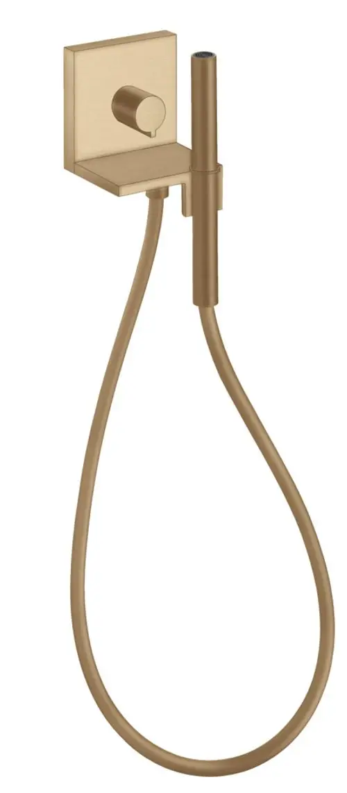 AXOR Handbrausemodul mit quadratischem Unterputz-Element in Brushed Bronze, ausgestattet mit flexibler Schlauchverbindung und Druckknopf zur Steuerung.